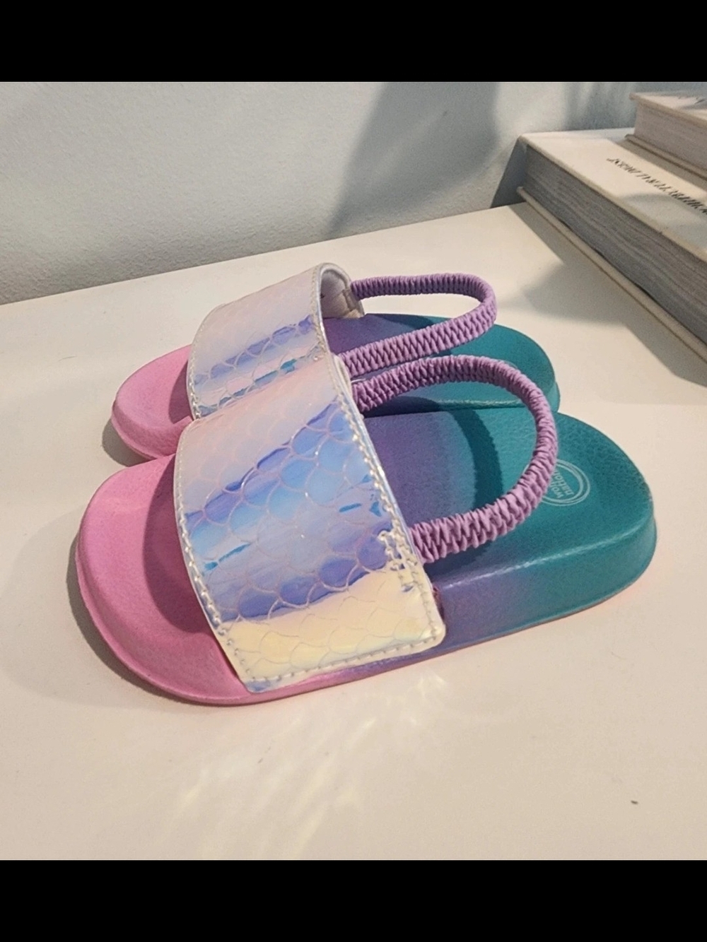 wonder nation Iridescent Slide Sandals with Pink and Teal Gradient